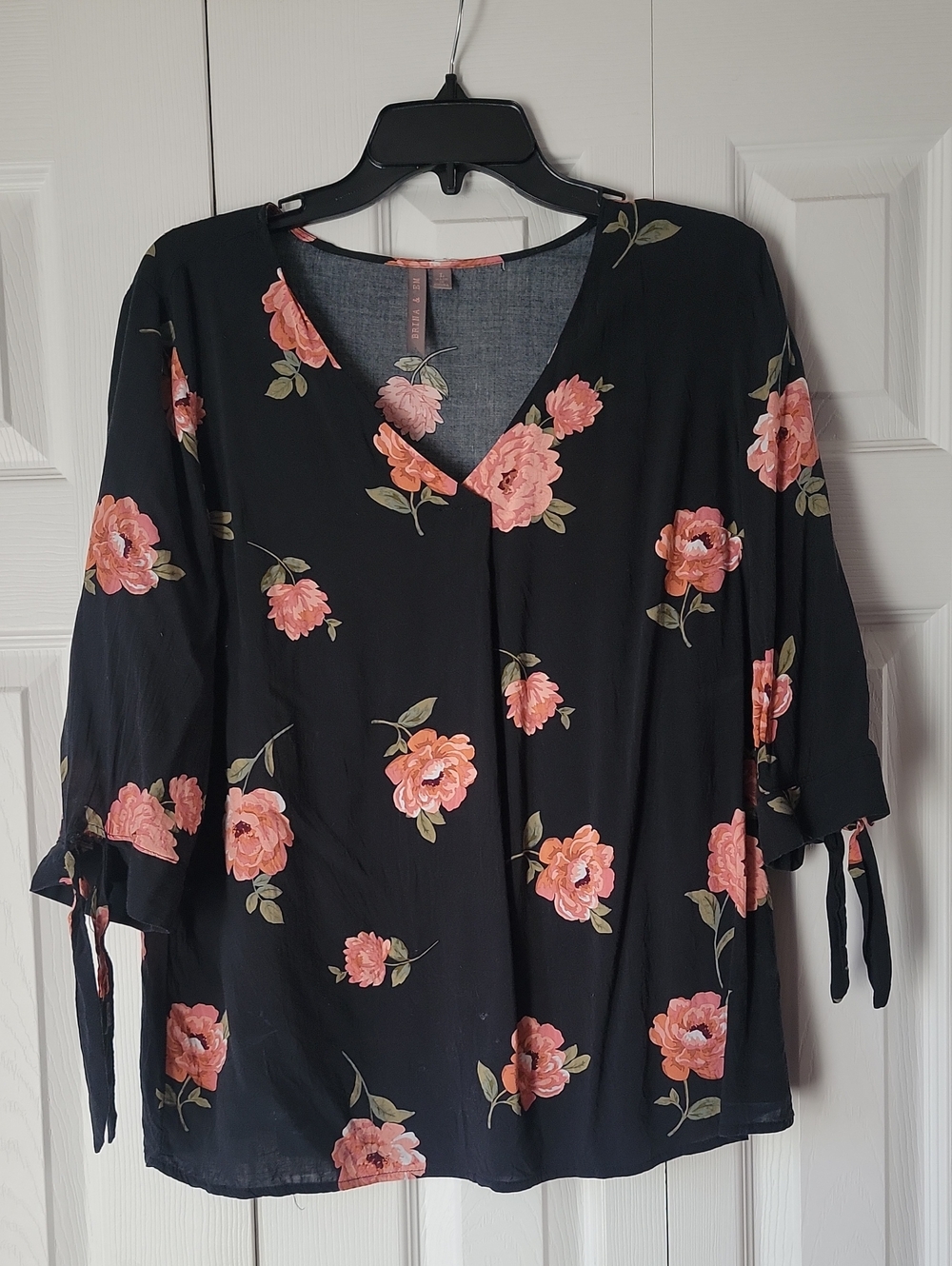 Black Floral V-Neck Blouse with Pink Rose Print